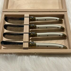 Vtg Laguiole Ivory 4 Piece Cheese Knife Set in Wooden Box, New